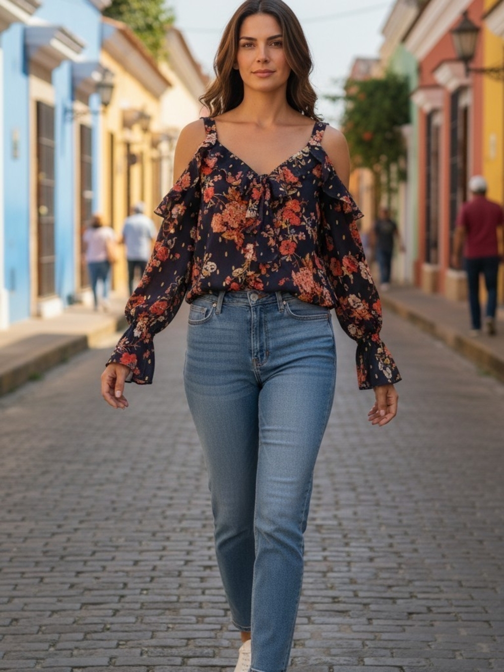 Moa Moa  Navy Cold-Shoulder Floral Blouse with Rust Color SZ S